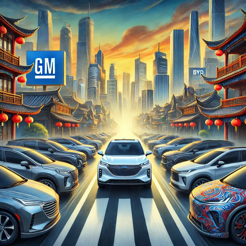 An artistic representation of General Motors facing intense competition in China. The scene depicts a bustling street with electric vehicles from local brands like BYD dominating the roadway, while a single GM car is off to the side. The backdrop features a vibrant cityscape with modern skyscrapers and a blend of traditional Chinese elements, representing the evolving market. The atmosphere is competitive but not overly dramatic, symbolizing a challenge rather than defeat.