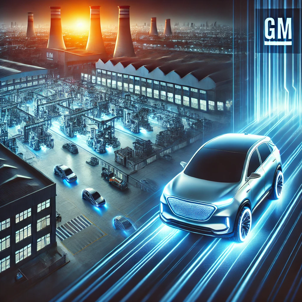 A modified representation of General Motors' strategic response to its challenges in China. The image focuses on a futuristic factory producing sleek electric vehicles with glowing assembly lines, while a distant closed factory building is enveloped in shadow, emphasizing the transition. The atmosphere is bold and forward-looking, symbolizing GM's determination to innovate and adapt in the competitive Chinese market.