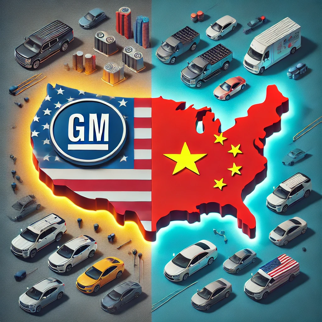 A visual representation of General Motors' declining sales in China compared to its stronghold in the United States. The image features a symbolic map split in half: one side showing a vibrant North American market with high vehicle production and sales, and the other side a dimmer, less active Chinese market, symbolizing the shift in market dynamics. Modern vehicles and electric cars are prominent on the North American side, while a smaller number of vehicles are shown on the Chinese side.