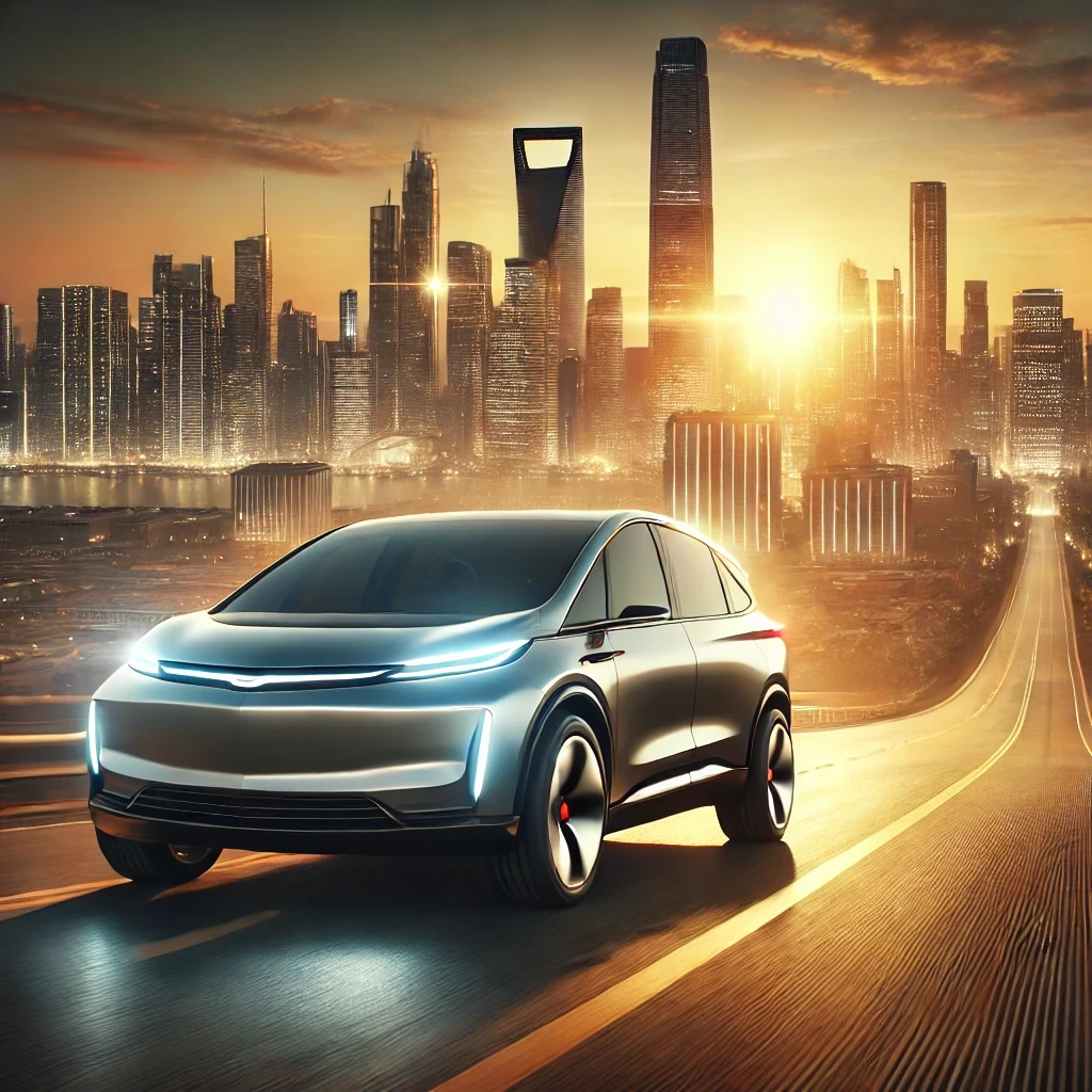 An image symbolizing General Motors' ongoing challenges and opportunities in the Chinese market, featuring a road with two paths diverging: one leading to a bright future with electric vehicles and innovation, and the other fading into shadows, symbolizing past struggles. The backdrop includes a blend of modern Chinese cityscapes and a sky without any logos, ensuring the focus remains on the symbolic transition and opportunities. The atmosphere is balanced, representing both resilience and uncertainty.