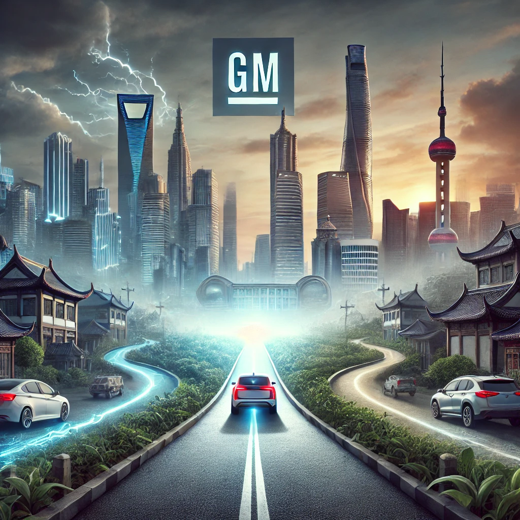 A symbolic image representing General Motors' ongoing challenges and opportunities in the Chinese market. The scene features a road with two paths diverging: one leading to a bright future with electric vehicles and innovation, and the other fading into shadows, symbolizing past struggles. The backdrop includes a blend of modern Chinese cityscapes and GM's logo subtly integrated into the scene. The atmosphere is balanced, representing both resilience and uncertainty.