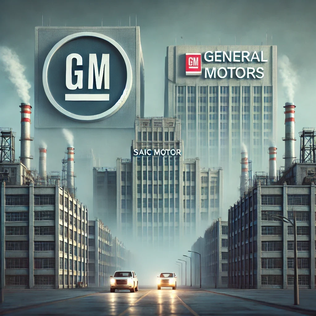 An image symbolizing General Motors' partnership challenges in China, featuring two factory buildings. One building has a clear and bold General Motors logo, while the other features a faded SAIC Motor logo. The scene shows a cloudy atmosphere, symbolizing uncertainty and financial write-downs, with subtle visual cues to represent the partnership and challenges without any additional text or specific branding beyond the logos.